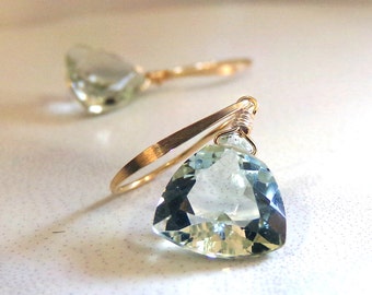 Green Amethyst Earrings, Gold Earrings, Natural Green Amethyst, Pale Green Earrings, AAA Natural Gemstone, Prasiolite - Spring Rain
