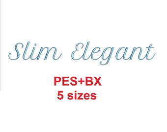 Slim Elegant Script embroidery font formats bx (which converts to 17 machine formats), + pes, Sizes 0.25 (1/4), 0.50 (1/2), 1, 1.5 and 2"
