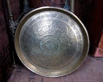 Engraved Brass Tray, Ornate Brass Tray, Round Brass Tray, Drinks Tray, Decorative Tray, Serving Tray, Vintage Brass, Vintage Brassware