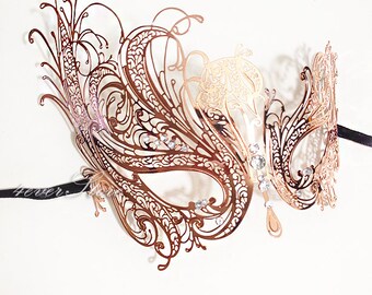 Limited Edition Rose Gold Face Jewelry by 4everstore - Laser Cut Venetian Masquerade Mask w/ Sparkling Rhinestones - Rose Gold Collection