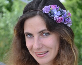 Flower headband/ Purple flower crown/ Rustic flower headband/ Boho wedding crown/ Purple headpiece/ Boho head wreath/ Flower crown purple