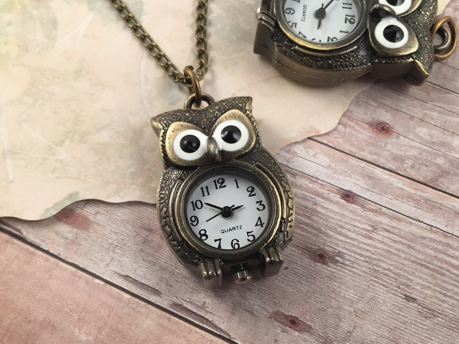 Vintage Bronze Owl Pocket Watch Necklace Woodland Small Owl