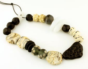 Lampwork Beads Set Tribal, Rustic, Organic, Etched Matte, Ivory, Black and White