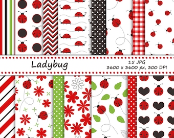Ladybug digital paper pack - 15 printable jpeg papers, 3600x3600 px, 300 dpi - ladybug backgrounds, floral pattern and ladybug paper