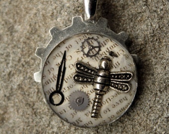 Steampunk Pendant with Dragonfly and Clock Parts