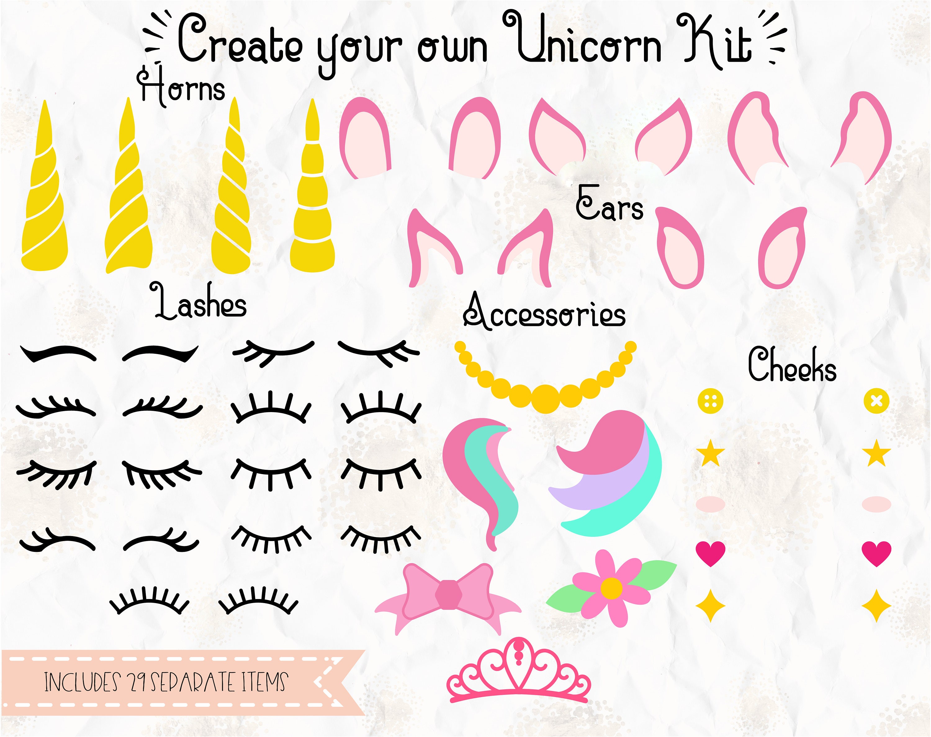 Download Create your own Unicorn kit Unicorn lashes tiara bow SVG