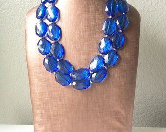 Blue 2 Strand Statement Necklace - Chunky Royal Blue Oval Beaded Bib Jewelry