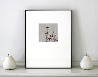 Vintage Japanese Woodblock Botanical Gray Red Framed 11 x 14 inches Tokyo 1930s - 1940s