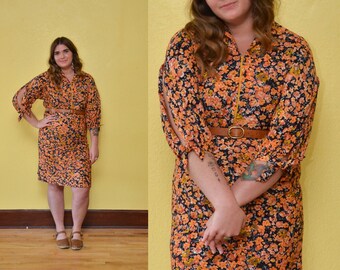 70s Orange Floral Print Dress Hippie Boho Plus Size Dress Tie Sleeve Dress