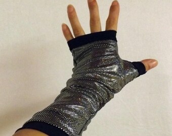 Fingerless gloves long "Manolo" silver and black Lycra