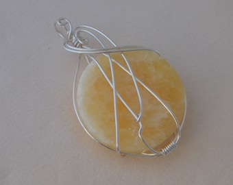 Yellow Honeycomb Calcite Disc Pendant Wire Wrapped in Silver wire Pendant Parawire Wire Wrapped Jewelry Handmade
