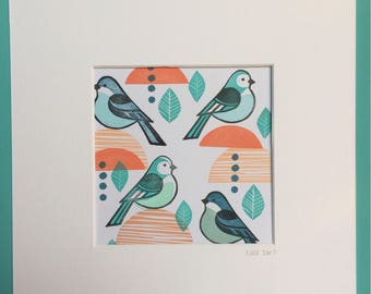 Funky Bluebirds - unique hand stamped art print