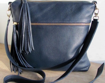 Leather bag Shoulder bag Women fringe bag Leather purse Black /Navy/Brown Handbag Gift for sister Birthday Gift for mom Gift for her Boho