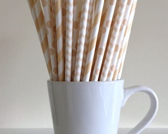 Cream Striped, Chevron, Polka Dot Paper Straws Ivory, Tan, Beige Party Supplies Party Decor Bar Cart Cake Pop Sticks Graduation
