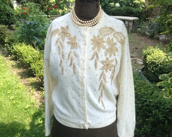 1950s Beaded Sweater / Vintage Beaded Sweater / Vintage Cardigan Sweater