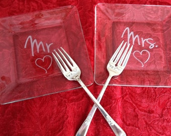 Wedding Registry Mr. and Mrs. Etched Glass Wedding Cake Plates with matching Hand Stamped Silver Plated Forks Wedding Shower Photo Prop