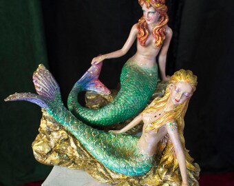 Two Handpainted Mermaid Statue Figurines
