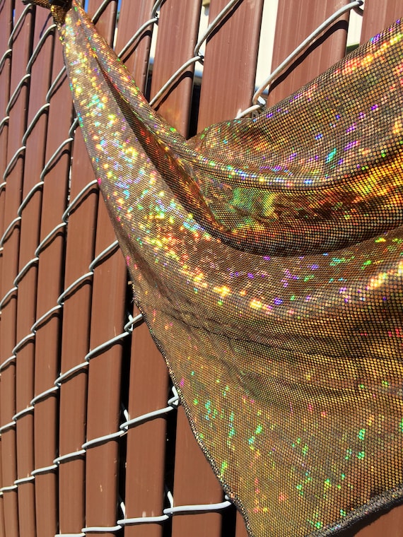Gold on Black Spandex Bandana w/ Shattered Glass Holographic Gold Rainbow Sheen and Hidden Stash Pocket