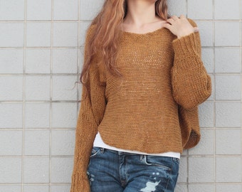 Hand knit woman sweater pullover top cropped sweater mustard yellow wool sweater