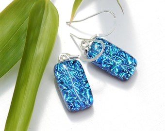 Sparkly Turquoise Dichroic Glass Drop Earrings on 925 Sterling Silver Earwires - Fused Glass Jewelry - Art Glass Dangle Earrings