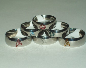 Star Trek Engraved Stainless Steel Comm Badge or Emblem Patch Band Rings: TOS, TNG, DS9, Voyager