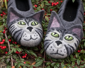 felt grey cats shoes animal warm house slippers ecofriendly retirement gift idea TO ORDER/ gray cat slippers for cat lovers animal slippers