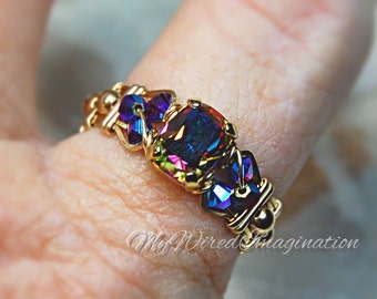 Vitrail Dark Vintage Swarovski Crystal Hand Crafted Wire Wrap Ring in 14k GF or Sterling Fine Jewelry Signature Design Unique Engagement