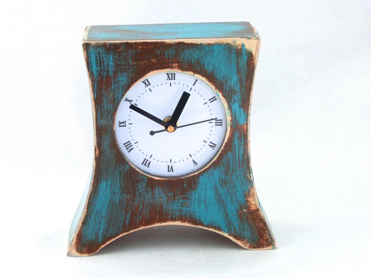 Desk Clock Turquoise Brown, NO TICKING Table Wood clock Arrow, SILENT