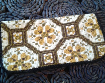 SALE Embroidered Glasses Case - Vintage - Olive & Mustard Floral Geometric