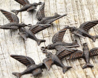 2 Bird Charms, Brown Bird, Swallow, Rustic Bird, Mockingbird, Blackbird, Patina Bird, Antiqued Bird, Bird Stamping, Brass Stamping
