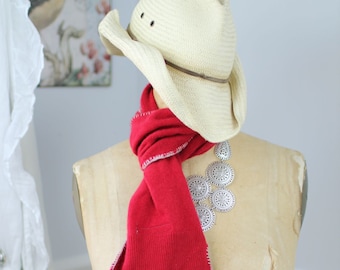 Lush, hand-crocheted scarves made from repurposed cashmere sweaters (in red)