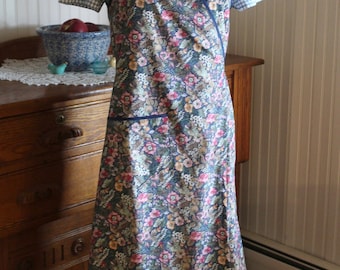 Navy Calico 1940s Wrap Apron -Ready to Ship
