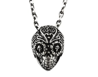 Mens Silver Necklace Sugar Skull Pendant Carpe Diem Jewelry