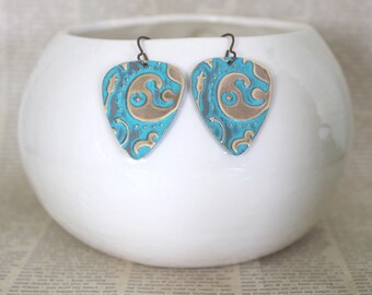 Guitar Pick Earrings, Guitar Pick Jewelry, Music Jewelry, Musician Jewelry, Patina Jewelry, Vintaj Jewelry, Embossed Jewelry, Brass Jewelry
