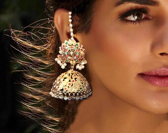 navrattan Gold Jhumka Earrings,Large Bollywood Jhumkas,kundan jhumki,Indian Ethnic Earrings,Tribal,Afghan earrings,Kucchi by Taneesi Jewelry