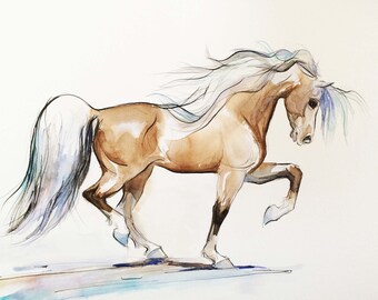 Watercolor Horse Art, Watercolor Original Drawing, Watercolor Pen and Ink Painting
