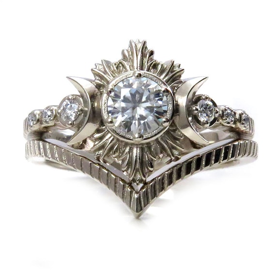North Star Moon Engagement Ring - Moissanite Diamonds and 14k Palladium White Gold