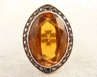 Antique Size 4.75 Uncas Sterling Deco Glass Oval Amber Stone and Marcasite Ring