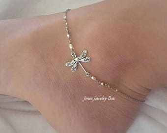 Silver dragonfly anklet (Adjustable), Silver dragonfly jewelry, Little silver dragonfly anklet, Silver dragonfly anklets