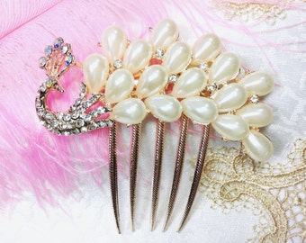 Beautiful Pearl Peacock Hair Comb Pin W/ Rhinestones for Wedding, Evening Wear, Party, Prom, Bridesmaid Gift #807