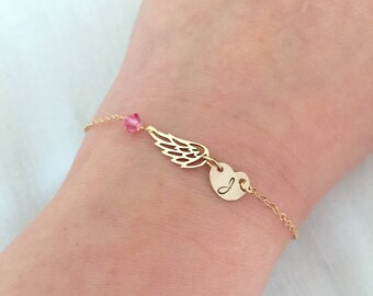 Personalized Angel Wing Bracelet, Infant Loss Gift, Mother of An Angel Gift, Guardian Angel, Birthstone Bracelet, Miscarriage Gift, Memorial