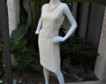 Vintage 1960's Jay Herbert Cream Colored Dress with White Sequins - Size 6