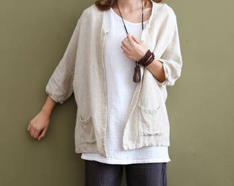 Women cotton and linen Coat – Loose Pure Linen and Cotton Cardigan Shirt