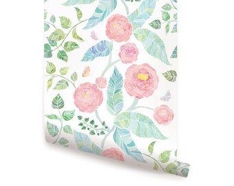 Spring Garden Flowers Pink Peel & Stick Fabric Wallpaper Repositionable
