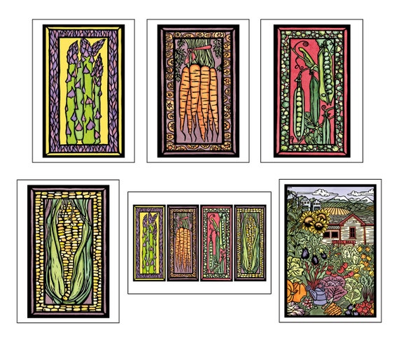 Garden Collection - 6 Blank Greeting Cards - Asparagus, Peas, Carrots, Corn, Veggies, Garden - Farmer's Market, Summer Notecards