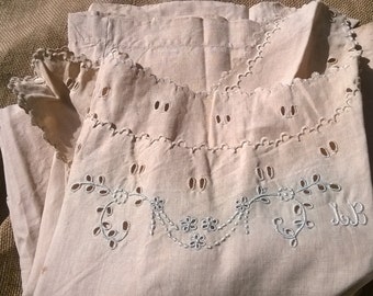 Unused Victorian 1850's Linen Nightgown Handmade French Dress Monogram Embroideries Cut Works Costumes Movies Plays #sophieladydeparis