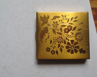 Vintage gold folding face powder and mirror compact case with flower bouquet design