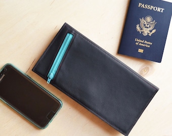 Leather Travel Organizer Wallet, Passport Holder, Wife Travel Gift, Slim Minimalist Wallet for Boarding Pass - The Stella Wallet in Black