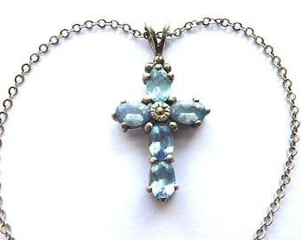 BLUE TOPAZ 925 Sterling Silver Cross, Silver Gemstone Cross, Vintage Gemstone Cross Necklace, Light Blue Gemstone Sterling Cross & Chain