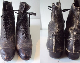 Victorian Lace up Black Leather Granny Boots